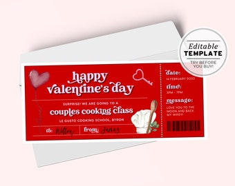 Printable Valentine's Day Gift Ticket Template, Couples Cooking Class Gift Voucher, Valentines Day Coupon | EDITABLE TEMPLATE #082