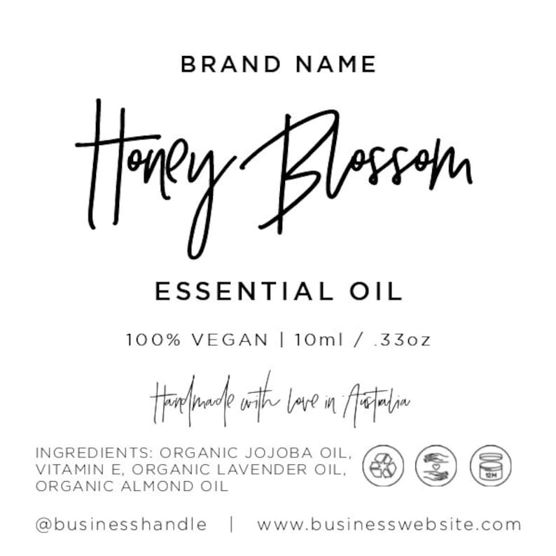 May include: A product label for Honey Blossom Essential Oil, a 100% vegan product made with love in Australia. The label features a handwritten logo, ingredients list, and contact information. The product is packaged in a 10 ml / 0.33 oz bottle.