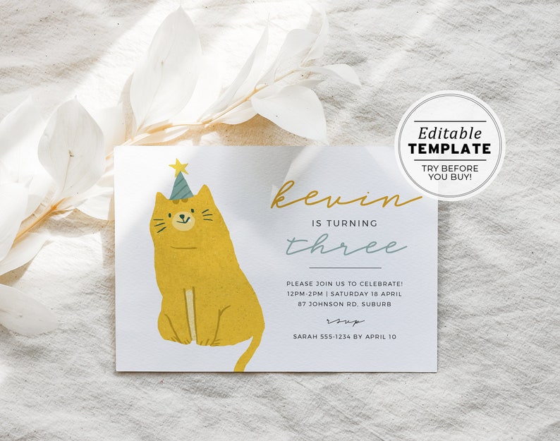 Kevin the Cat Birthday Party Birthday Invitation Template EDITABLE TEMPLATE 061 image 1