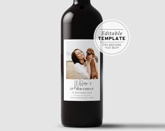Juliette Minimalist 21st Birthday Party Custom Wine Label, Personalized Wine Label, Photo Wine Label Template, Printable Wine Label #004
