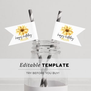 Topper di paglia stampabile girasole minimalista, bandiere di paglia di girasole, modello Topper di paglia, etichette di paglia, MODELLO MODIFICABILE STAMPABILE #081