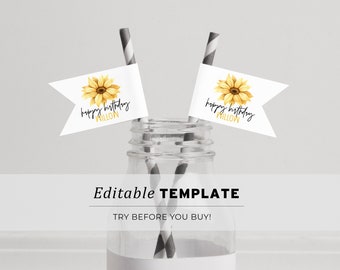 Minimalist Sunflower Printable Straw Topper, Sunflower Straw Flags, Straw Topper Template, Straw Labels, PRINTABLE EDITABLE TEMPLATE #081