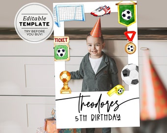 Soccer Theme Kids Photo Frame Prop Frame Printable, Photo Booth Prop | EDITABLE TEMPLATE #077