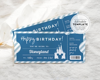 Printable Theme Park Ticket Birthday Gift Template, Surprise Gift Certificate | EDITABLE TEMPLATE #082