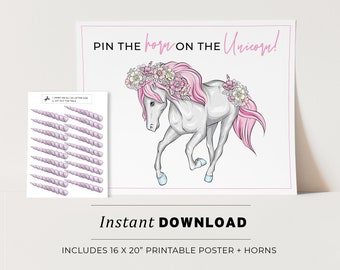 Kids Party Game, Pin the Horn on the Unicorn Printable Poster, Birthday Party Game, INSTANT DOWNLOAD