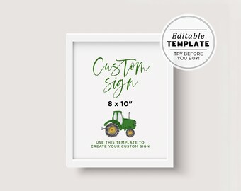 Minimalist Green Tractor Theme Customizable Blank Sign Printable Template 8x10" #058