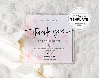 Pink Marble Small Business Thank Card Template, Thank You Package Insert, Thank You For Your Purchase, Minimalist Editable Template #043