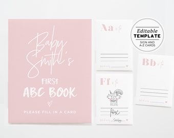 Editable ABC Coloring Book Baby Shower Game Shower Activity, Alphabet Flash Cards First abc | EDITABLE TEMPLATE #035 Blush Minimalist