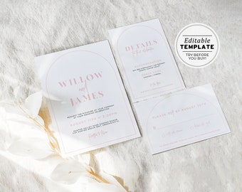 Editable Blush Arch Minimalist Wedding Invitation, RSVP and Details Set of 3 Printable | EDITABLE TEMPLATE #037
