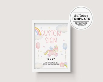 Miss Polly Watercolor Unicorn Theme Customizable Blank Sign Printable Template 5x7" #083