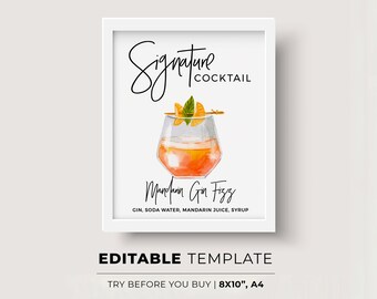 Juliette Watercolor Signature Cocktail Sign Template - Pick from 120 Cocktail Illustrations, Drinks Sign Template | EDITABLE TEMPLATE #004