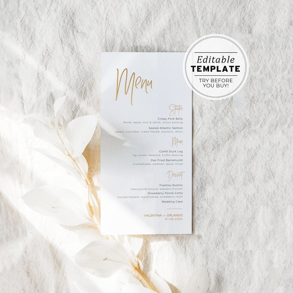 Juliette Minimalist Gold Benutzerdefiniertes Hochzeitsmenü, Menüvorlage für Hochzeiten, zum Ausdrucken, Menü für Brautpartys, zum Drucken #017