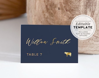 Classic Navy & Gold Wedding Place Cards | EDITABLE TEMPLATE, Printable #012