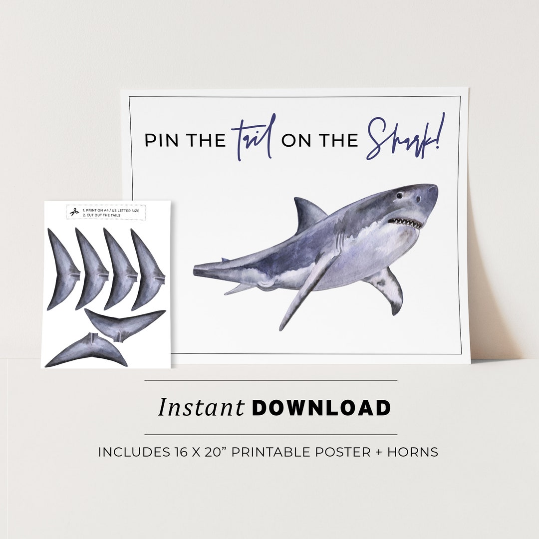 Kids Party Game, Pin the Tail on the Shark Printable Poster, Birthday ...