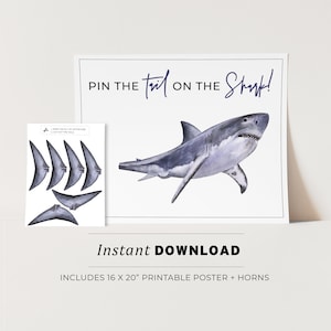 Kids Party Game, Pin the Tail on the Shark Printable Poster, Birthday Party Game, INSTANT DOWNLOAD