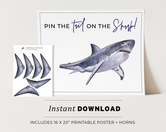 Kids Party Game, Pin the Tail on the Shark Printable Poster, Birthday Party Game, INSTANT DOWNLOAD