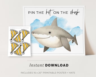 Kids Party Game, Pin the Party Hat on the Shark Printable Poster, Birthday Party Game, INSTANT DOWNLOAD