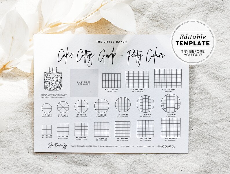 May include: A printable cake cutting guide for party cakes. The guide includes a 2x2 piece size guide, round cake cutting guides for 4", 6", 8", 10", 12", 14" cakes, and square cake cutting guides for 4", 6", 8", 10", 12", 14" cakes. The guide also includes the number of servings for each size cake.