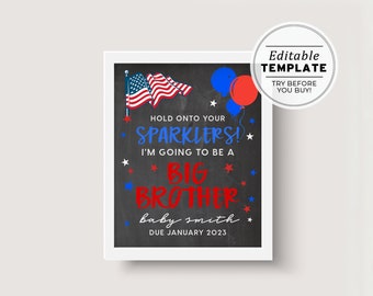 Sparkler Big Brother 4th of July, Memorial Day, Pregnancy Announcement, Photo Prop, Chalkboard Sign Template | EDITABLE TEMPLATE