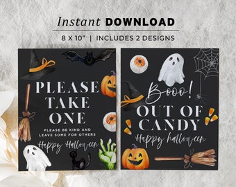 Halloween Candy Bowl Sign Set, Please Take One, Out of Candy, Halloween Porch Sign, Trick or Treat Sign | INSTANT DOWNLOAD #080