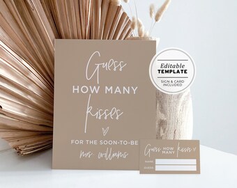 Nue Minimalist How Many Kisses Game Sign and Card, Printable Bridal Shower Game | EDITABLE TEMPLATE #035