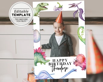 Dinosaur Island Photo Prop Frame Template, Kids Birthday Party Photo Prop, Printable Selfie Frame, Photo Booth Prop | EDITABLE TEMPLATE #046