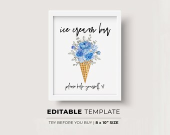 Ice Cream Bar Sign, Sundae Bar, Minimalist Wedding, Baby Shower, Bridal Shower Ice Cream Bar, Dessert Sign | EDITABLE TEMPLATE #028 Willow