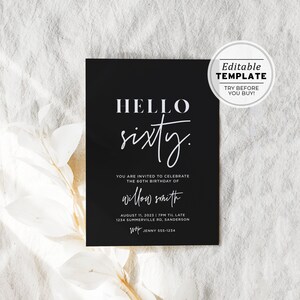 HELLO SIXTY Willow Minimalist 60th Birthday Party Invitation Printable Card Editable Template 028 image 1