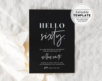 HELLO SIXTY Willow Minimalist 60th Birthday Party Invitation Printable Card | Editable Template #028