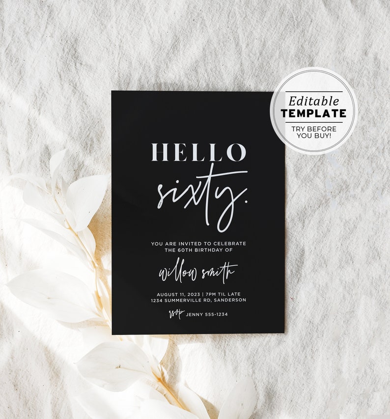 HELLO SIXTY Willow Minimalist 60th Birthday Party Invitation Printable Card Editable Template 028 image 1