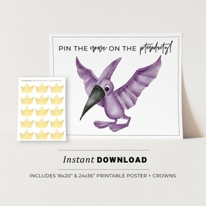 Kids Party Game, Pin the Crown on the Pterodactyl Printable Poster, Birthday Party Game, INSTANT DOWNLOAD