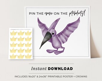 Kids Party Game, Pin the Crown on the Pterodactyl Printable Poster, Birthday Party Game, INSTANT DOWNLOAD