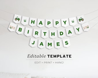 Minimalist Green Tractor Theme Kids Birthday Banner Printable Editable Template #058