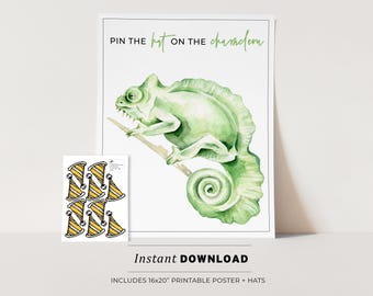 Kids Party Game, Pin the Hat on the Chameleon Printable Poster, Birthday Party Game, INSTANT DOWNLOAD