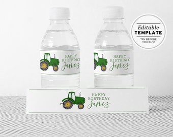 Minimalist Green Tractor Birthday Party Bottle Wrapper Printable | EDITABLE TEMPLATE #058