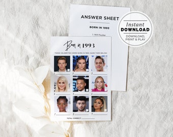 Born in 1993 Birthday Party Game, Celebrities born in 1993, Printable | INSTANT DOWNLOAD #004 Juliette Minimalist