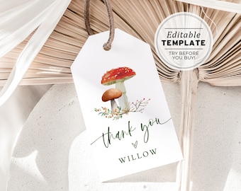 Minimalist Mushrooms Favor Tag, Woodlands Thank you Tag, Wild Mushroom Gift Tag, Party Favor Tags | PRINTABLE EDITABLE TEMPLATE #057