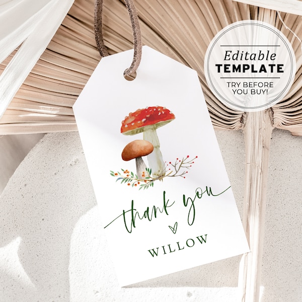 Minimalist Mushrooms Favor Tag, Woodlands Thank you Tag, Wild Mushroom Gift Tag, Party Favor Tags | PRINTABLE EDITABLE TEMPLATE #057