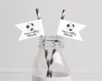 Minimalist Football Printable Straw Topper, Editable Straw Flags, Straw Topper Template, Soccer Theme Straw Labels #077
