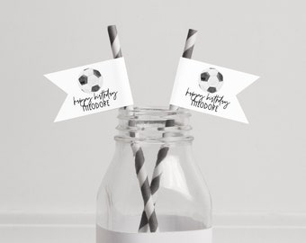 Minimalist Soccer Printable Straw Topper, Editable Straw Flags, Straw Topper Template, Soccer Theme Straw Labels #077