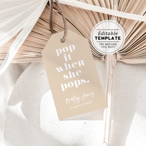 Bebe Minimalist Baby Shower Champagne Bottle Tag Template, Pop it when she pops tag | EDITABLE TEMPLATE #047 Scandi Minimalist