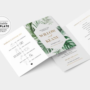 Tui Tropical Wedding Program Template, Gold Modern Order of Service, Wedding Timeline, Printable Ceremony Program, Folded Program #042