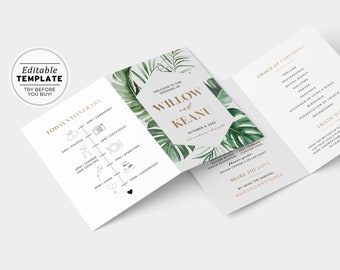 Tui Tropical Wedding Program Template, Gold Modern Order of Service, Wedding Timeline, Printable Ceremony Program, Folded Program #042