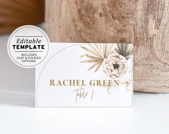 Palms & Roses Boho Place Cards, Escort Cards | PRINTABLE EDITABLE TEMPLATE #024
