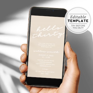 Invitación digital minimalista para fiesta de cumpleaños número 30 de Hello Thirty / PLANTILLA EDITABLE n.° 047