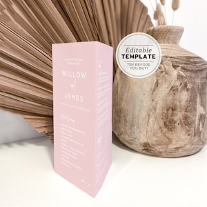 Blush Minimalist Tri-fold Table Number, Tri-fold Table Menu, Triangle Table Stand, Modern Menu | EDITABLE TEMPLATE #035