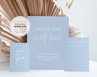 Guess the Sweet Mess Baby Shower Game Sign and Card, Baby Shower Activity | PRINTABLE EDITABLE TEMPLATE #036 Powder Blue