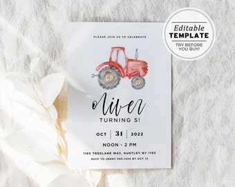 Minimalist Tractor Theme Birthday Party Invite Template | EDITABLE TEMPLATE #075