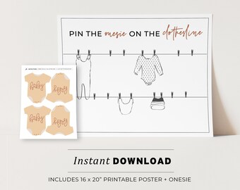 Baby Shower Party Game, Pin the Onesie on the Clothesline Printable Poster Party Game | INSTANT DOWNLOAD