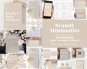 Scandi Minimalist Baby Shower Bundle Templates - 18 Designs, Baby Shower Games, Baby Shower Invite, Baby Shower Welcome Sign #047